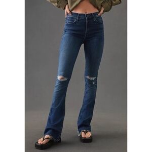 MOTHER The Runaway Fray Flare Jeans Mid Rise Denim Precious Heirloom Blue